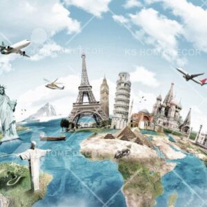 Reality Countries Landmarks with Globe and Plane World Map Mural B12310517