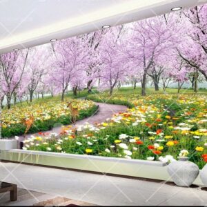 Garden Pink Trees Deers Scene Nature Floral Mural 14022631
