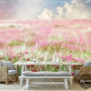 Pink Red Floral Field Scene Nature Mural 14878349
