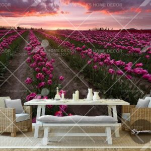 Sunset Pink Floral Field Scene Nature Mural 14878559