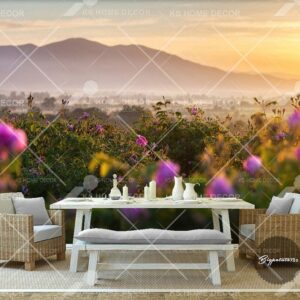 Sunset Pink Floral Field Mountain Scene Nature Mural 14882586