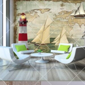 Vintage World Map With Lighthouse Mural B15062497