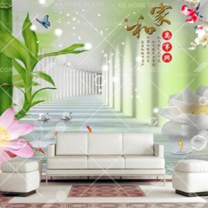 Chinese Bamboo Water Lily Art Oriental Mural 15579116