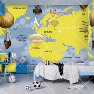 Vintage Hot Air Balloon And Aircraft World Map Mural B15606567