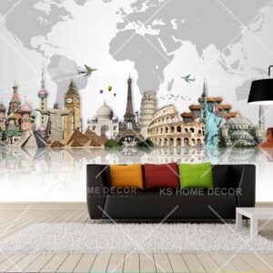 World Map With Country Landmarks Mural B15668933