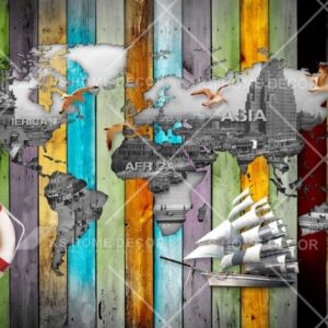 World Map On Colourful Wooden Mural B15831890