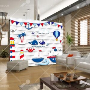 3D Cartoon Boat Whales Lighthouse Sea Vector Mural 56357bde2e91d_1024