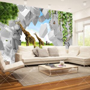 3D Giraffes Break Through Wall Mural 5697b61f22b83
