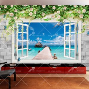 3D Window Seaside Village Wooden Bridge Mural 5721657c48b16