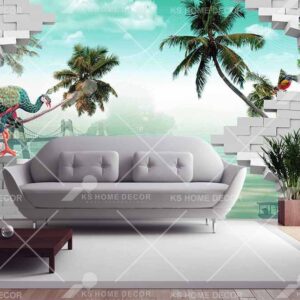 3D Wall Bricks Bridge Sea Island Peacock Nature Mural 57d5431fce17c